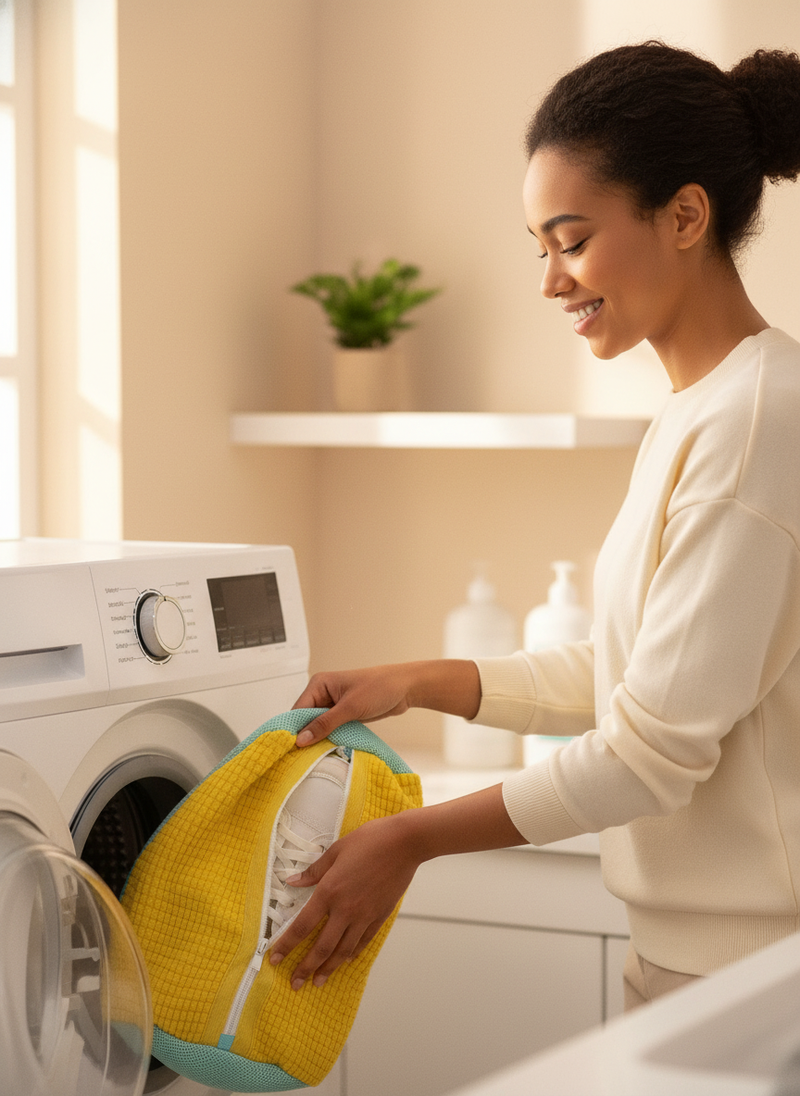 A young woman smiles while putting a yellow shoe washing bag with a white sneaker into a washing machine in a well-lit laundr