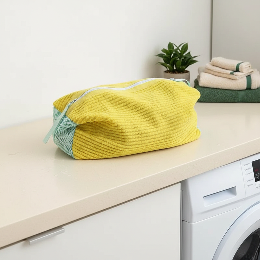 Yellow shoe washing bag with running trainers inside, on a cream laundry counter next to a washing machine.