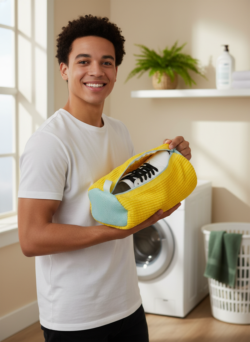 Young adult smiling, holding a yellow shoe washing bag with a sneaker inside, in a bright laundry room.