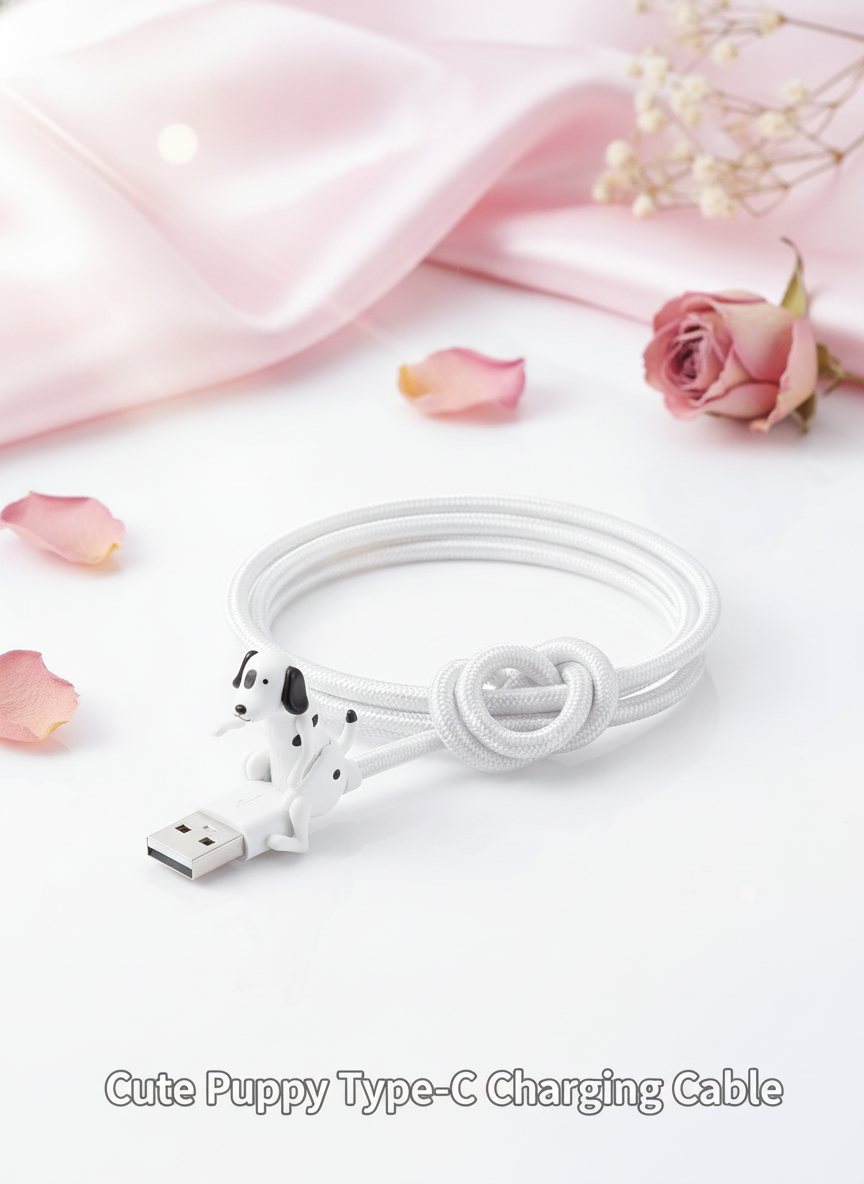 Cute Puppy Type-C Charging Cable, made with braided nylon, coiled on a bright white surface with soft rose and blush pink acc