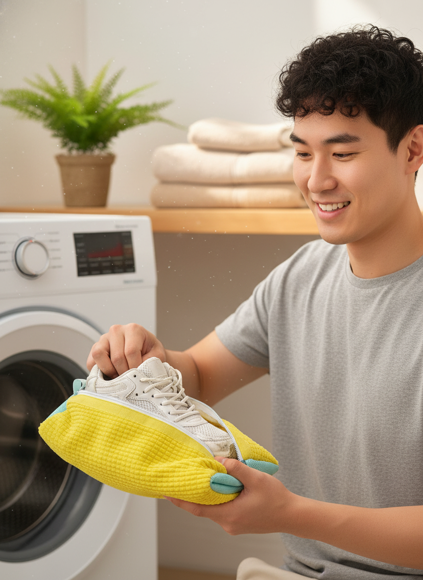 A young person smiles candidly while putting dirty sneakers into a yellow shoe washing bag in a sunlit laundry room.
