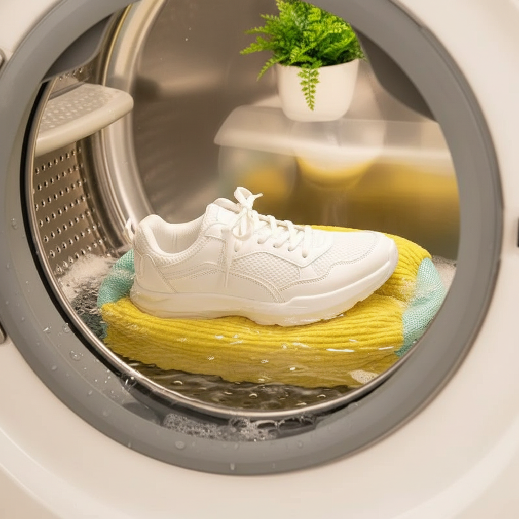Yellow shoe washing bag with a white tennis shoe inside a washing machine drum. The shoe looks clean and new.