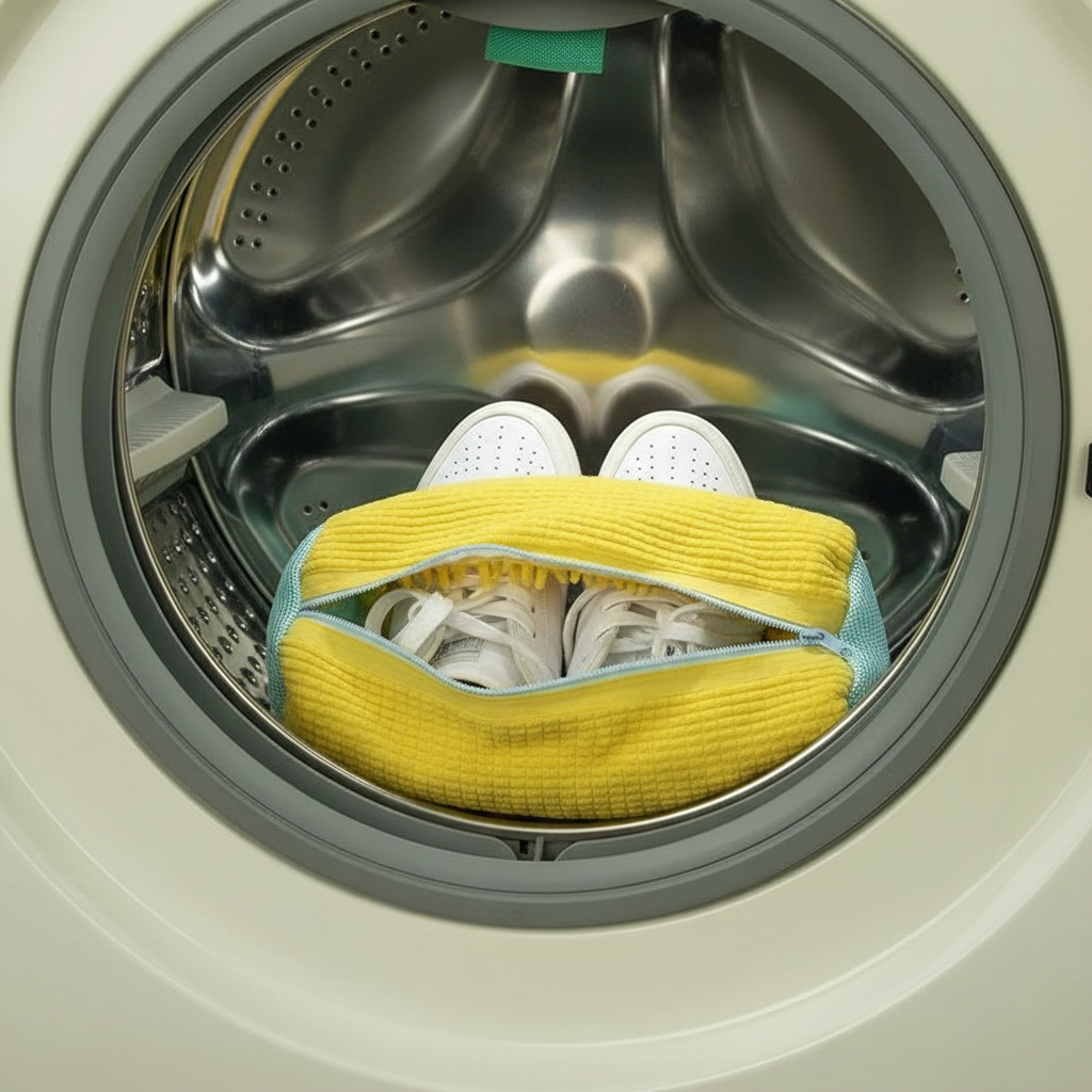 Close-up of a yellow shoe washing bag with white sneakers inside, securely zipped in a washing machine drum, demonstrating it